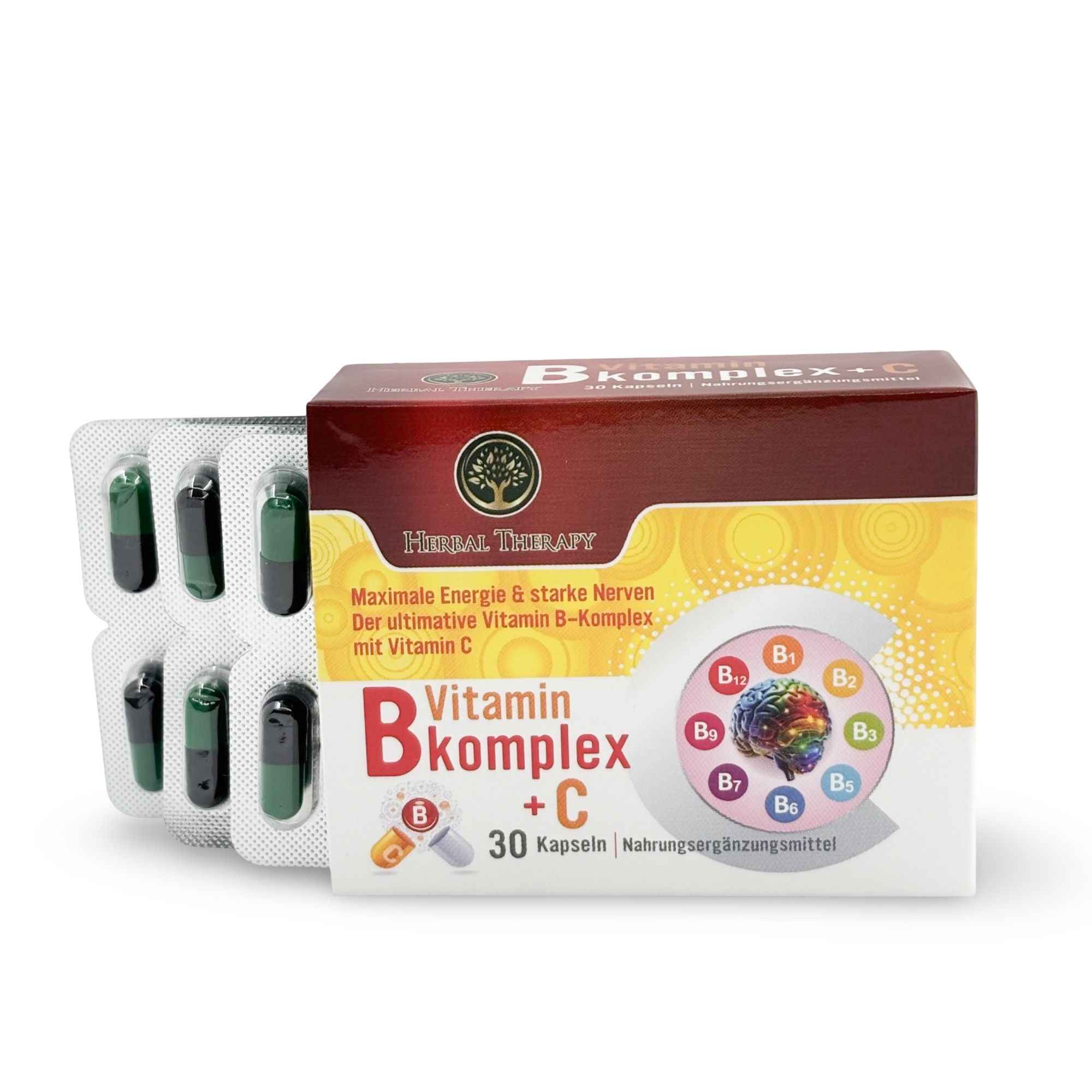 Emballage de vitamine B-Komplex + C avec blisters. Inscription: Herbal Therapy, vitamine B-Komplex + C, 30 capsules. Capsules en blisters.