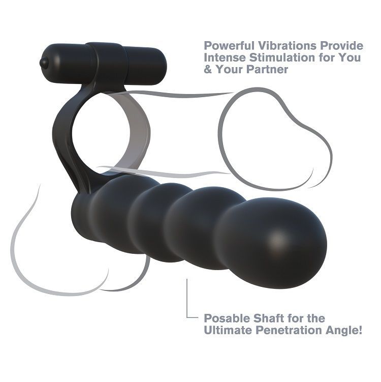 Zwarte, buigzame dubbele penetratiemassager met parelachtige schacht en vibrerende bullet.