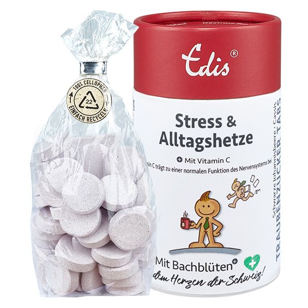 Deux produits: sachet de comprimés et boîte. Boîte: rouge et blanc, texte: Edis, Stress & Alltagshetze, Avec vitamine C.