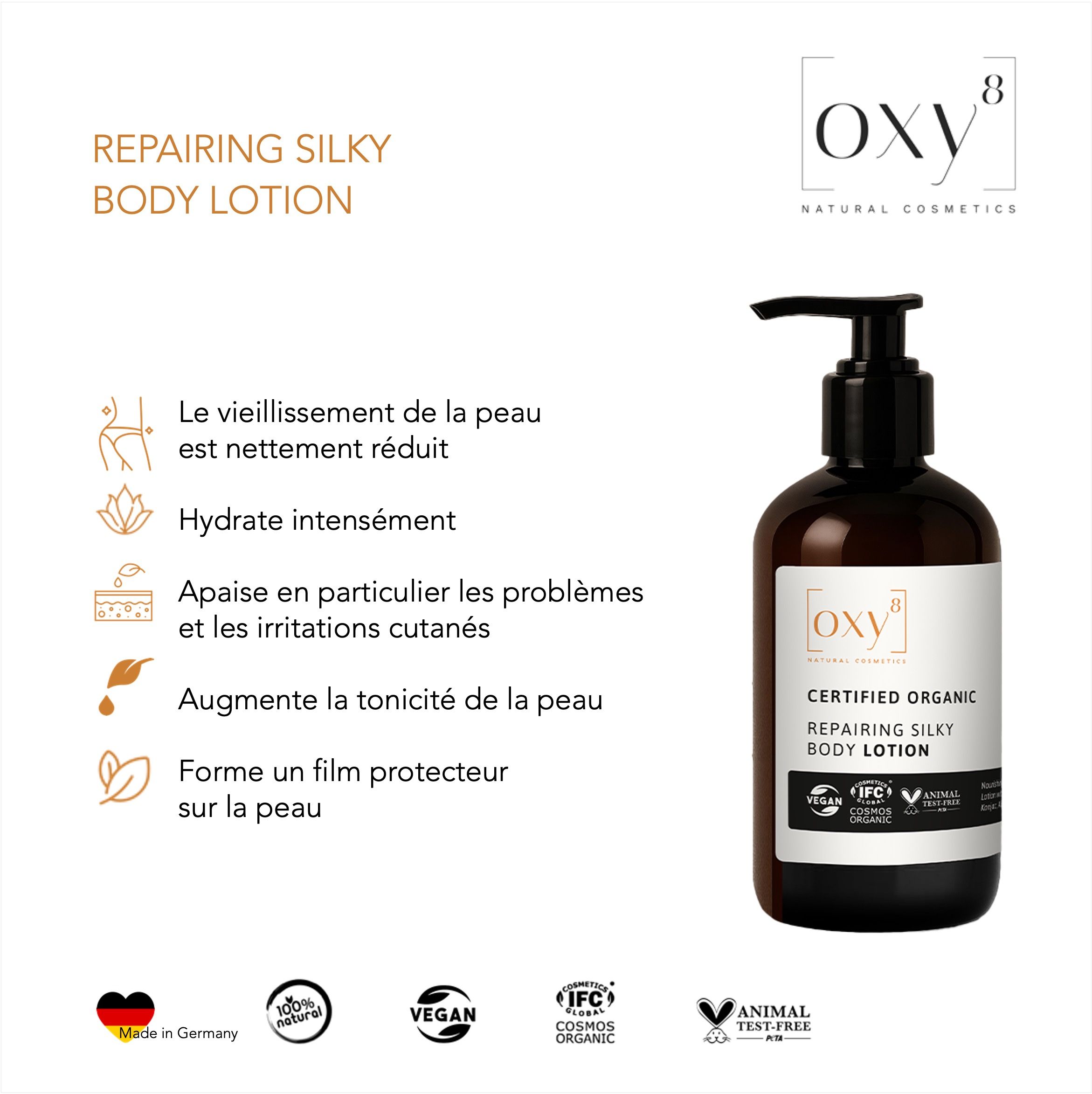 Flacon avec texte et icônes. Texte: Repairing Silky Body Lotion. Icônes: vieillissement, hydratation, problèmes de peau, élasticité.