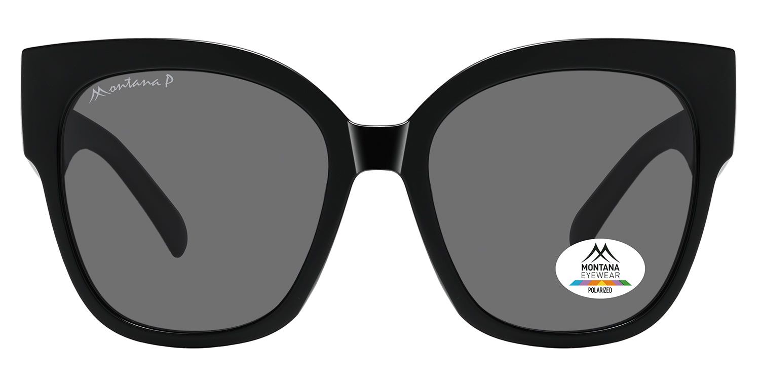 Lunettes de soleil noires avec verres gris. Logo Montana Eyewear sur la branche gauche. Logo polarisé sur le verre droit.