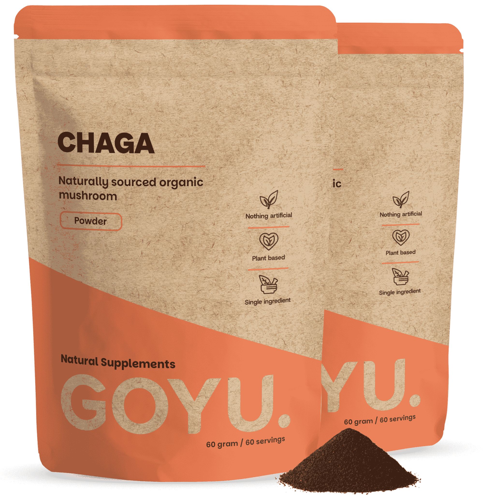 Twee verpakkingen GOYU Chaga poeder, natuurlijk verkregen, biologisch.