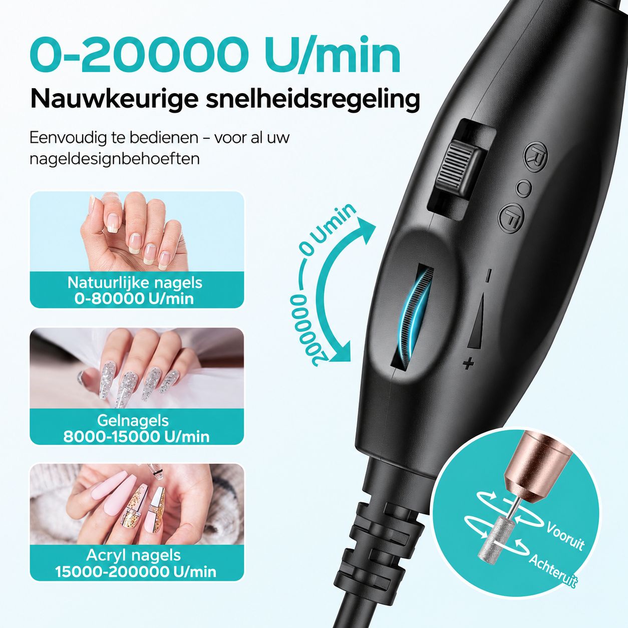 Elektrische nagelvijl met snelheidsregeling van 0-20000 U/min en instellingen voor natuurlijke nagels, gelnagels en acrylnagels.