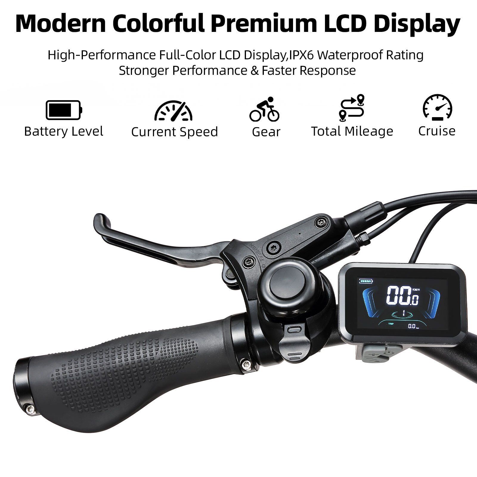 Gros plan du guidon d'un vélo électrique. Écran LCD avec informations sur la vitesse, la batterie, etc.