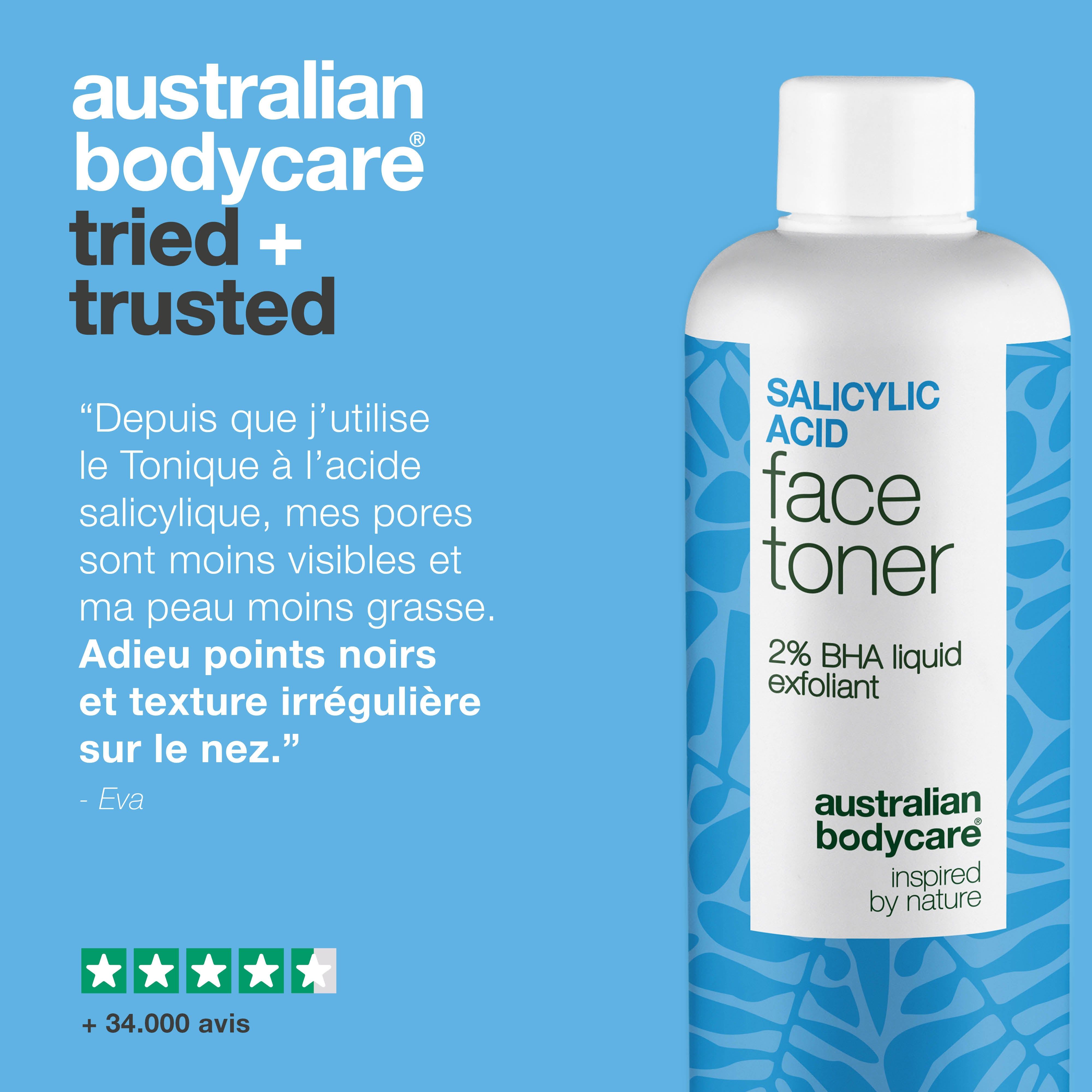 Flacon avec inscription : Salicylic Acid Face Toner. Texte : Témoignage, évaluation 5 étoiles. Fond : bleu clair.