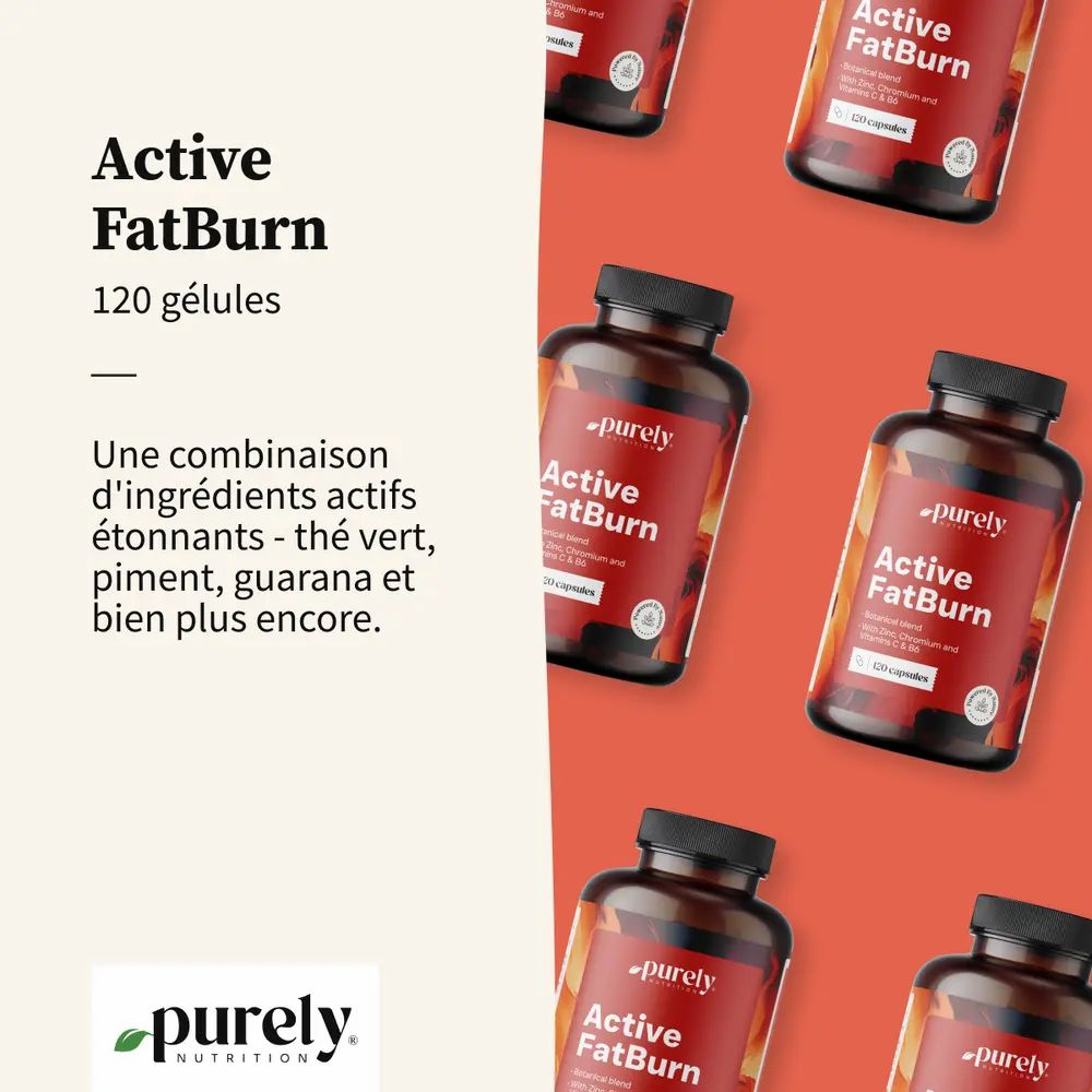 Plusieurs bouteilles 'Active FatBurn' sur fond rouge. À gauche: 'Active FatBurn', 120 gélules, mélange botanique.
