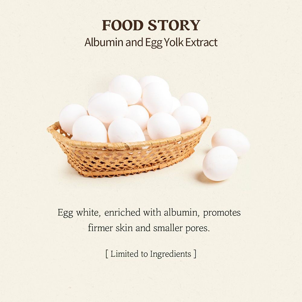 Panier d'œufs. Texte: Egg white, enriched with albumin, promotes firmer skin and smaller pores.