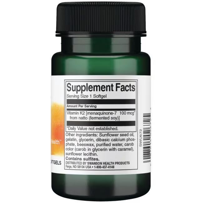 Dos du flacon vert. Inscription: Supplement Facts, Vitamin K2 (menaquinone-7 100 mcg), ingrédients, Swanson Health Products.