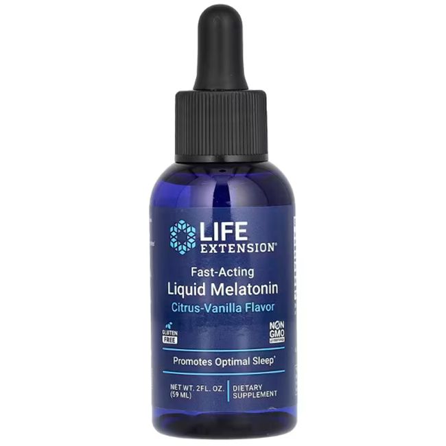 Flacon bleu avec compte-gouttes. Texte: Life Extension, Mélatonine liquide à action rapide, saveur agrumes-vanille.
