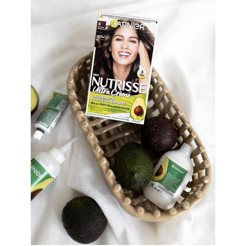 Boîte Garnier Nutrisse Ultra Crème avec avocat et produits de soin dans un panier. Image du produit avec avocat.