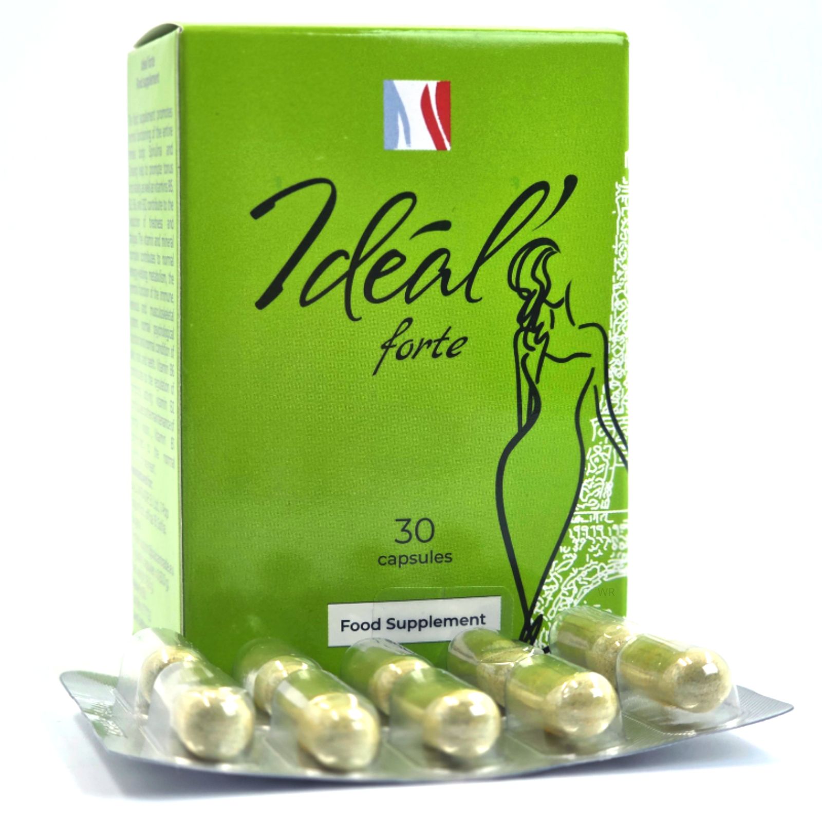 Emballage Ideal Forte avec un blister de 5 capsules, 30 capsules au total.