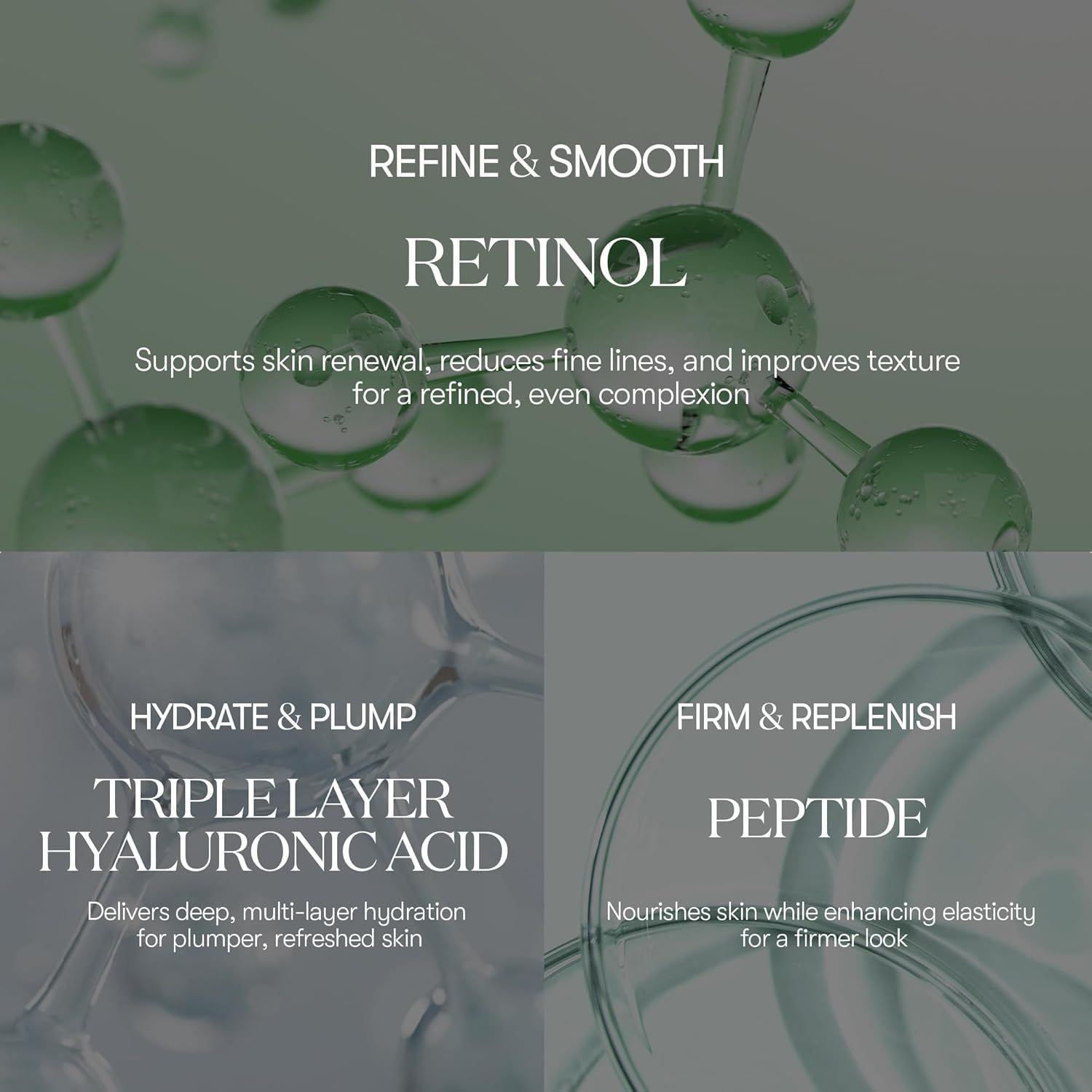 Graphique avec les termes RETINOL, ACIDE HYALURONIQUE et PEPTIDE. Descriptions sur le renouvellement de la peau, l'hydratation et l'élasticité.