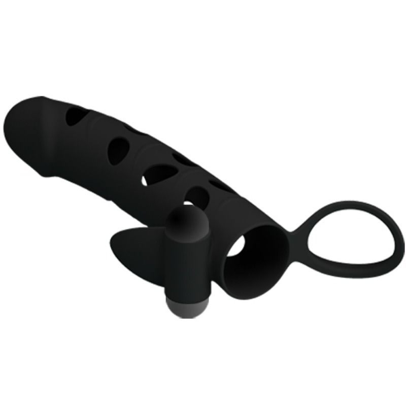 Masseur noir en silicone avec trous et un anneau.
