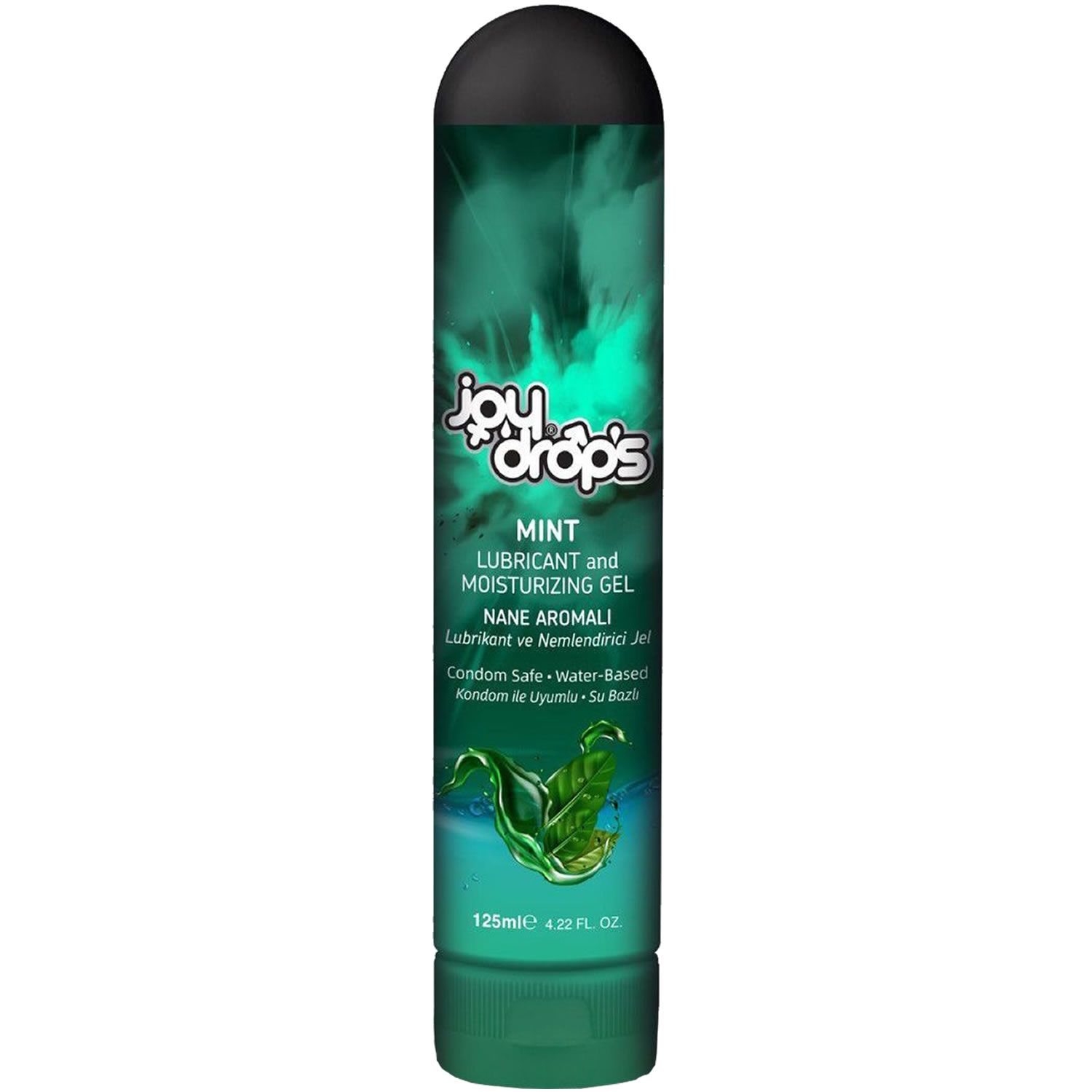 Gel lubrifiant et hydratant Joydrops Menthe dans un flacon vert avec un design de feuille de menthe.