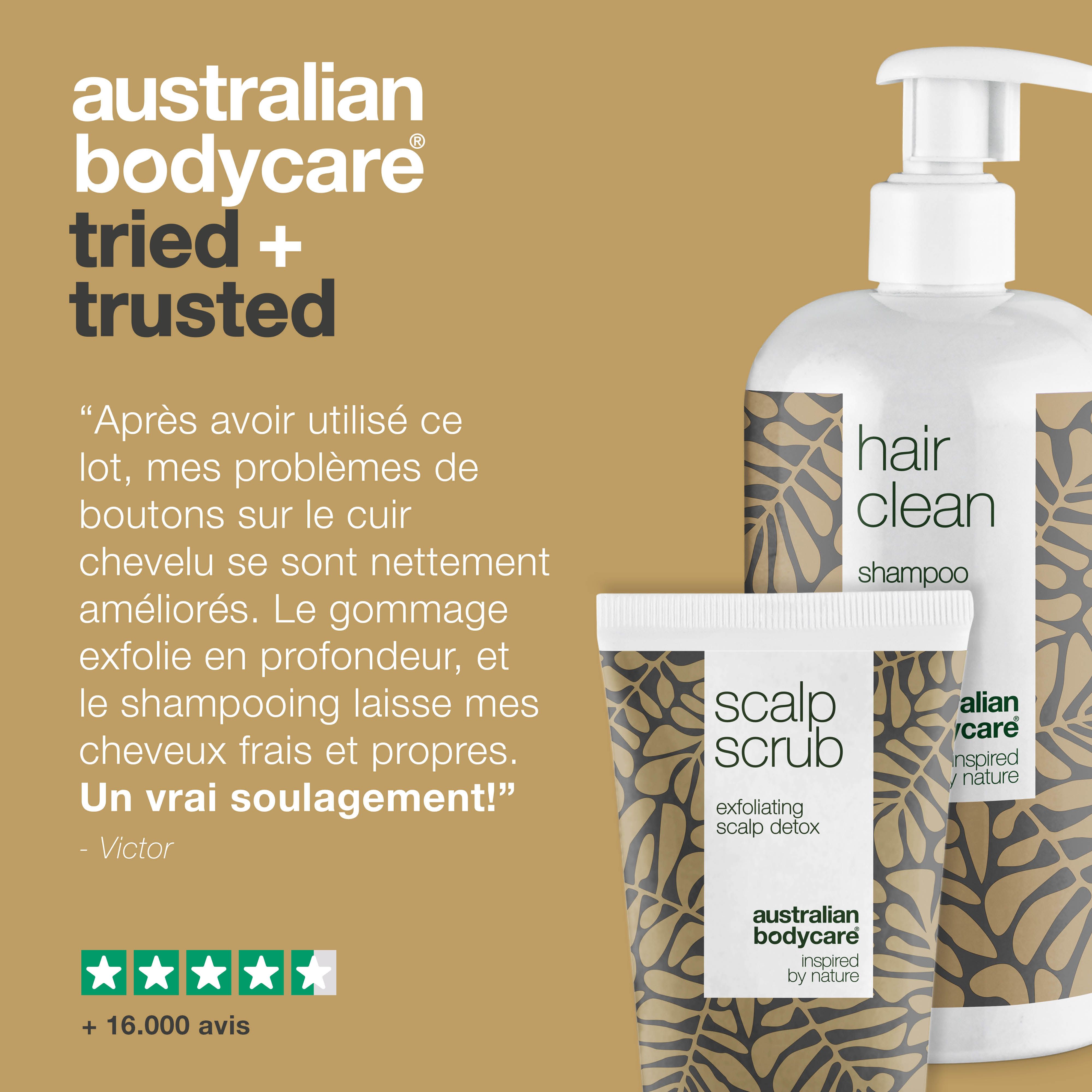 Shampoing et gommage. Citation et évaluation 5 étoiles. Marque : Australian Bodycare.