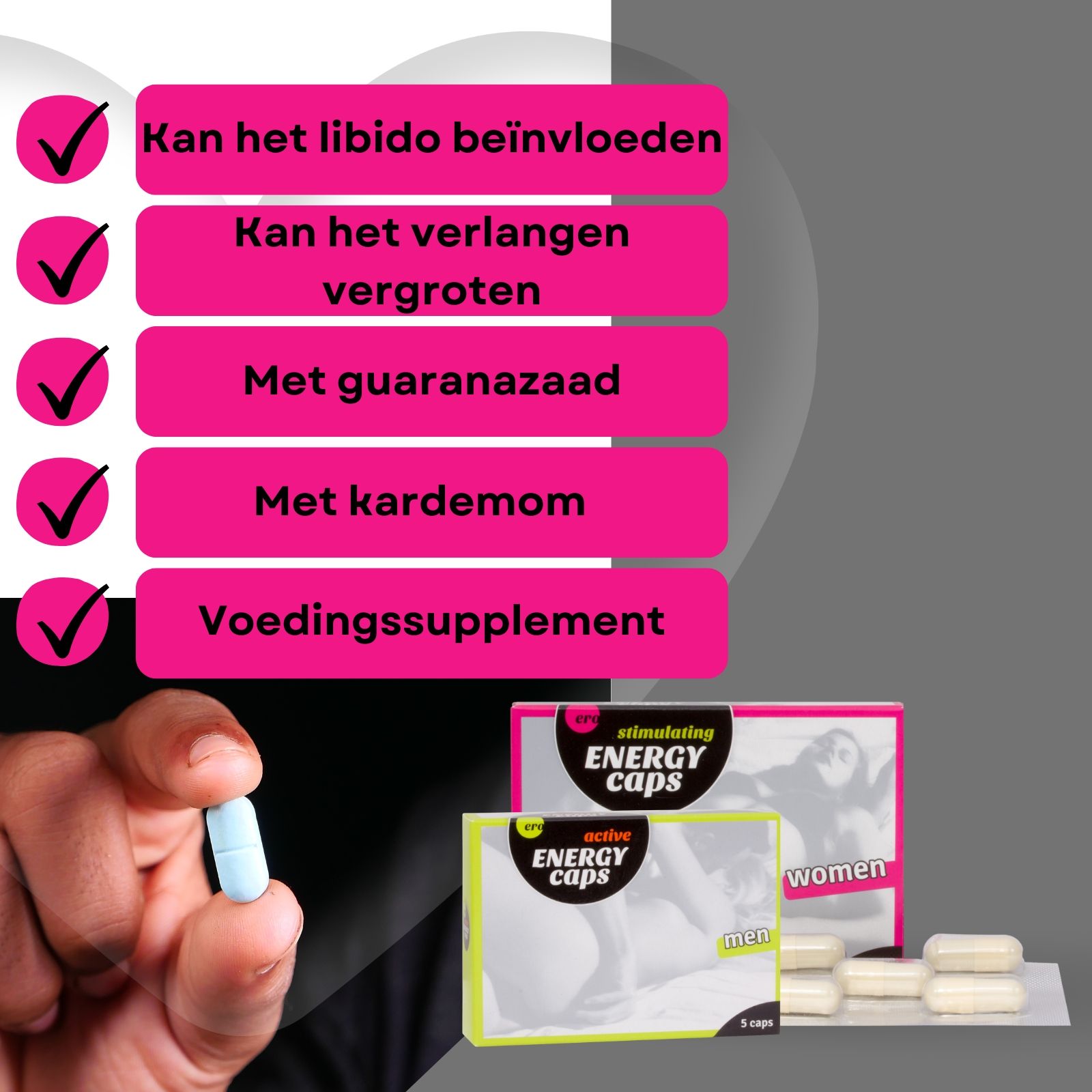 Hand houdt een blauwe capsule vast. Daarnaast twee dozen met capsules. Opschrift: Ero, Energy Caps.