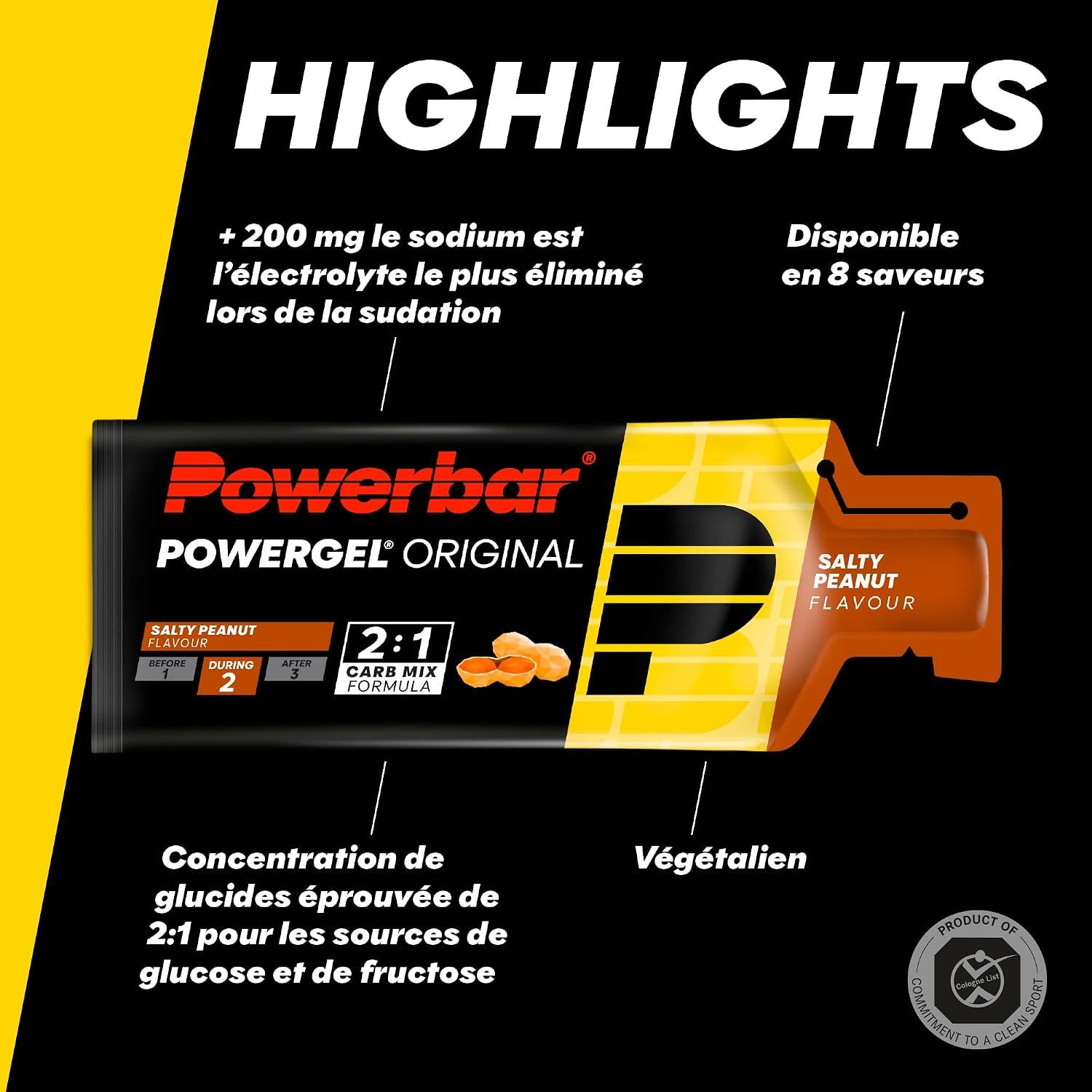 Athlètes faisant du vélo et de la natation, avec une sélection de produits PowerBar en bas à droite.