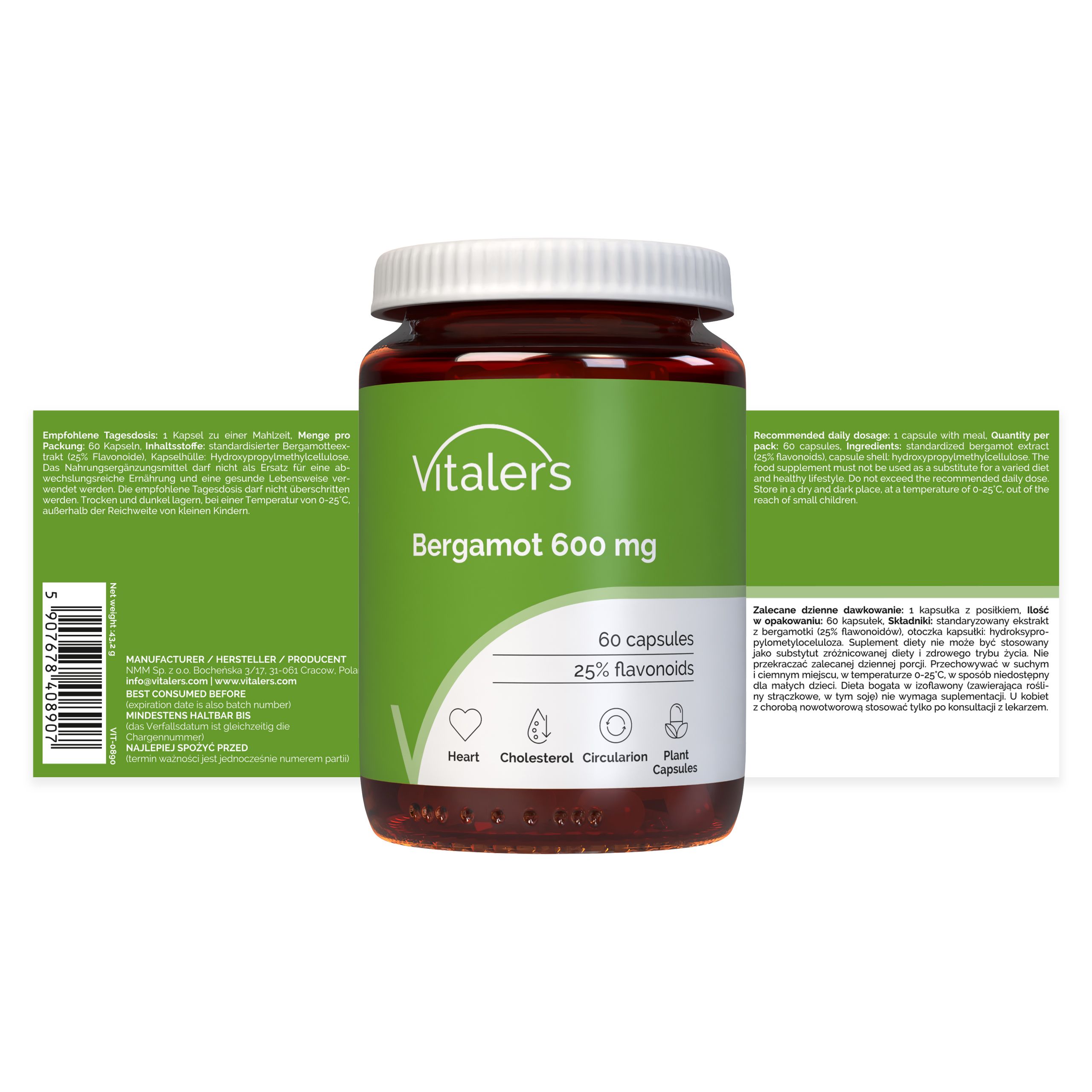 Vitaler’s Bergamot 600 mg: Bruine glazen pot en bijsluiter met gedetailleerde informatie.