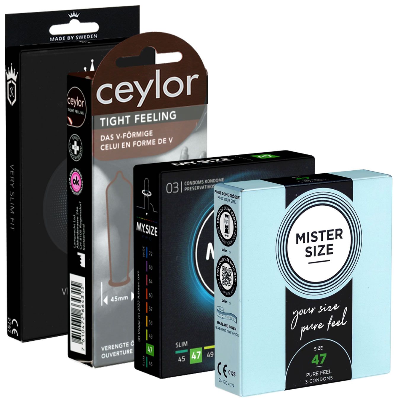 Verschillende condoomverpakkingen. Merken: ceylor, MYSIZE, MISTER SIZE. Verschillende maten en vormen. Zwarte, bruine en lichtblauwe verpakkingen.