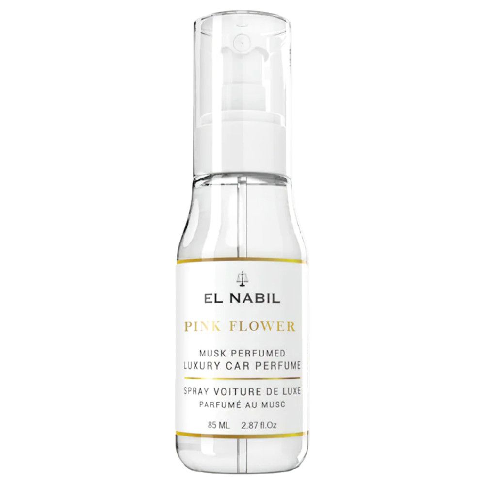 Flacon transparent avec vaporisateur. Inscriptions: EL NABIL, PINK FLOWER, MUSK PERFUMED LUXURY CAR PERFUME. Volume: 85 ml.