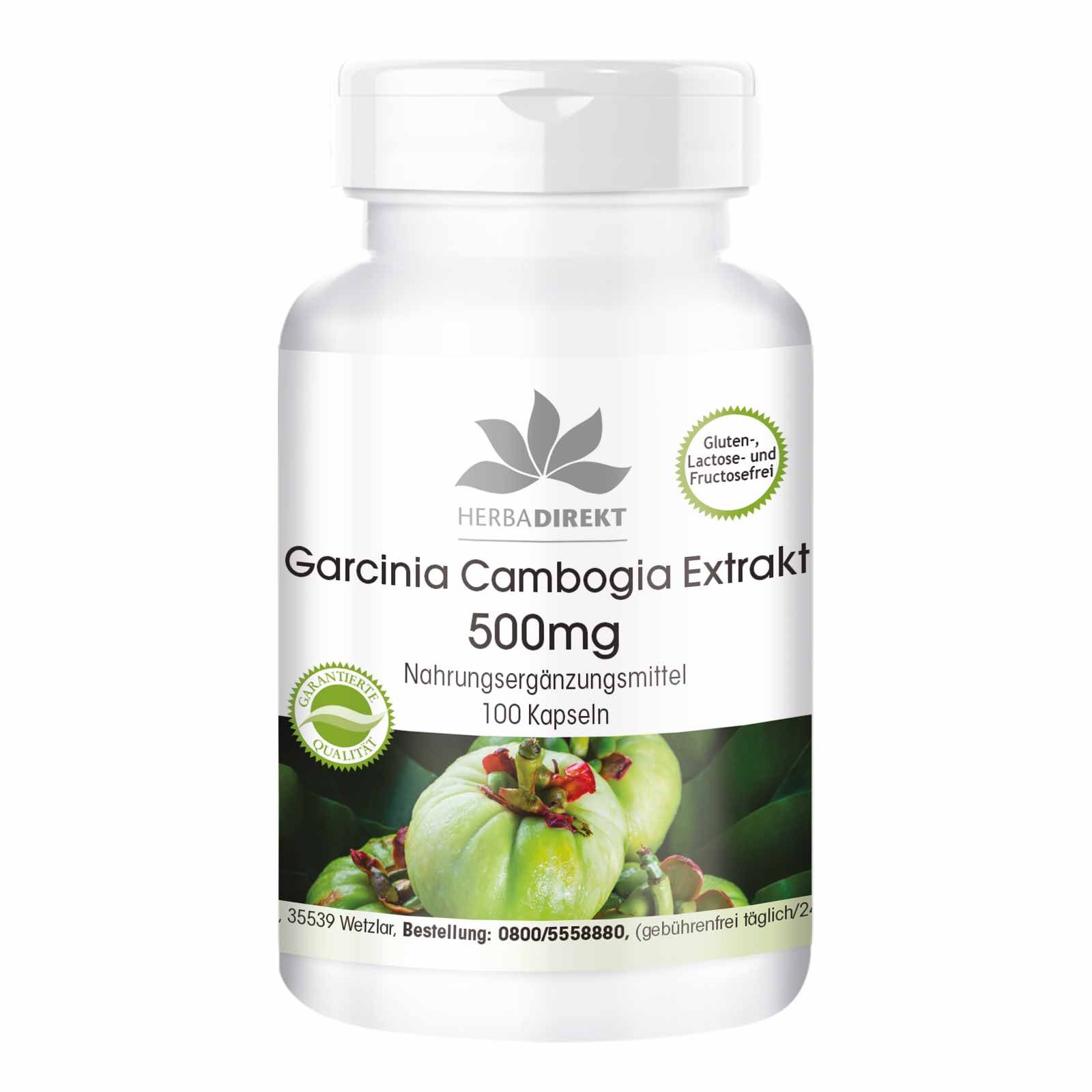 Witte fles met capsules. Opschrift: Garcinia Cambogia Extrakt 500mg. Logo: Herba Direkt. Glutenvrij, lactosevrij en fructosevrij.