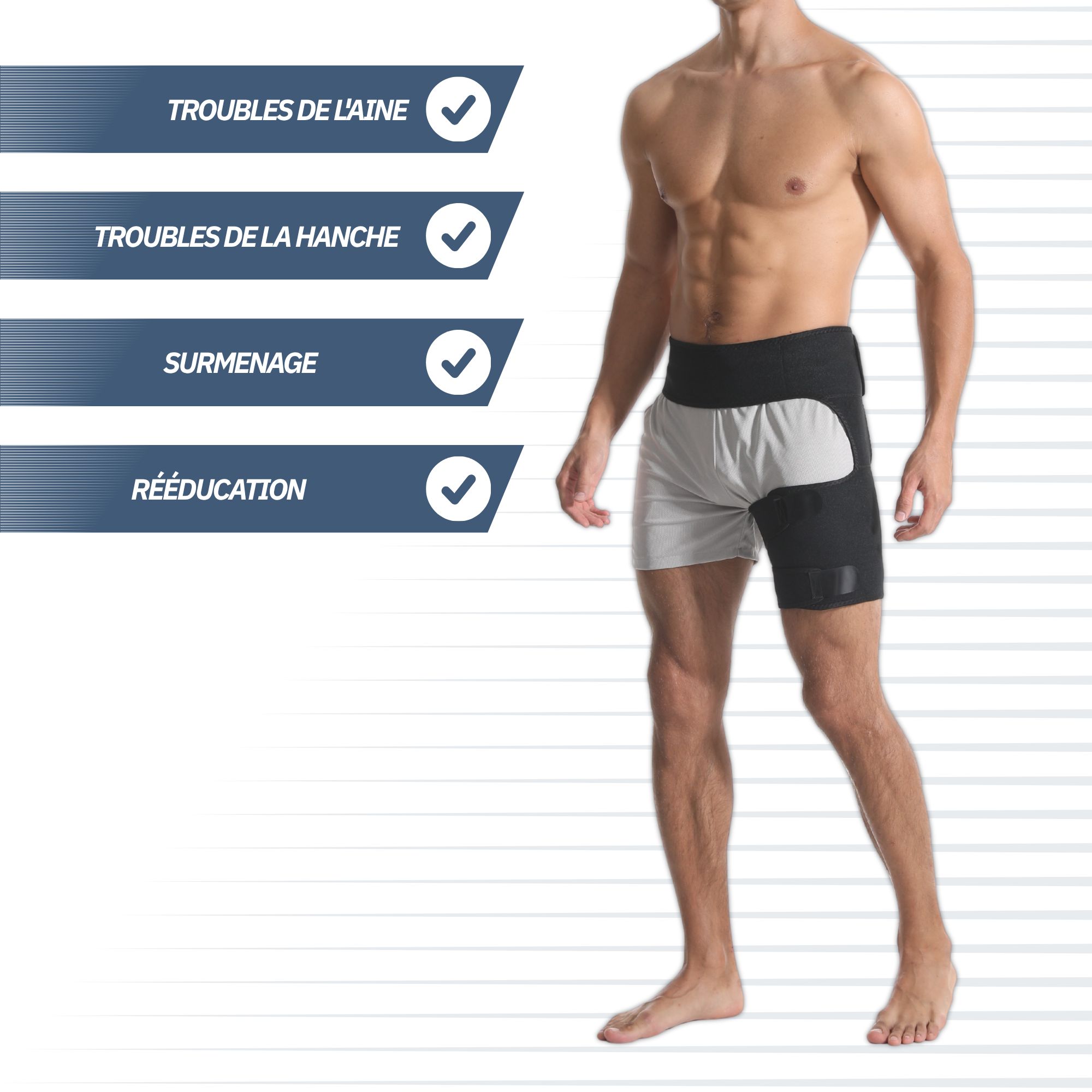 Homme portant une ceinture de hanche noire et grise pour le soutien.