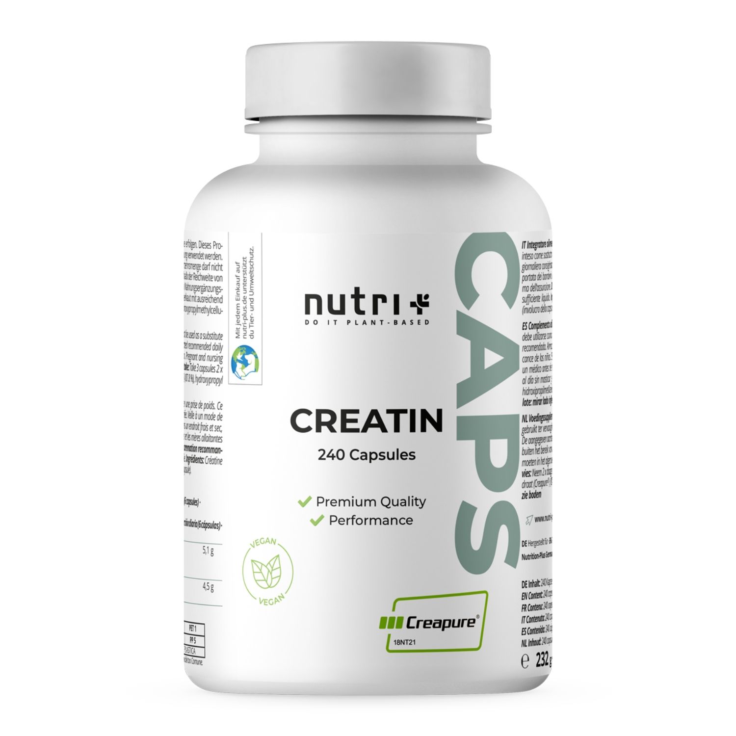 Pot blanc avec capsules de créatine nutri+, 240 pièces. Logo Creapure®.
