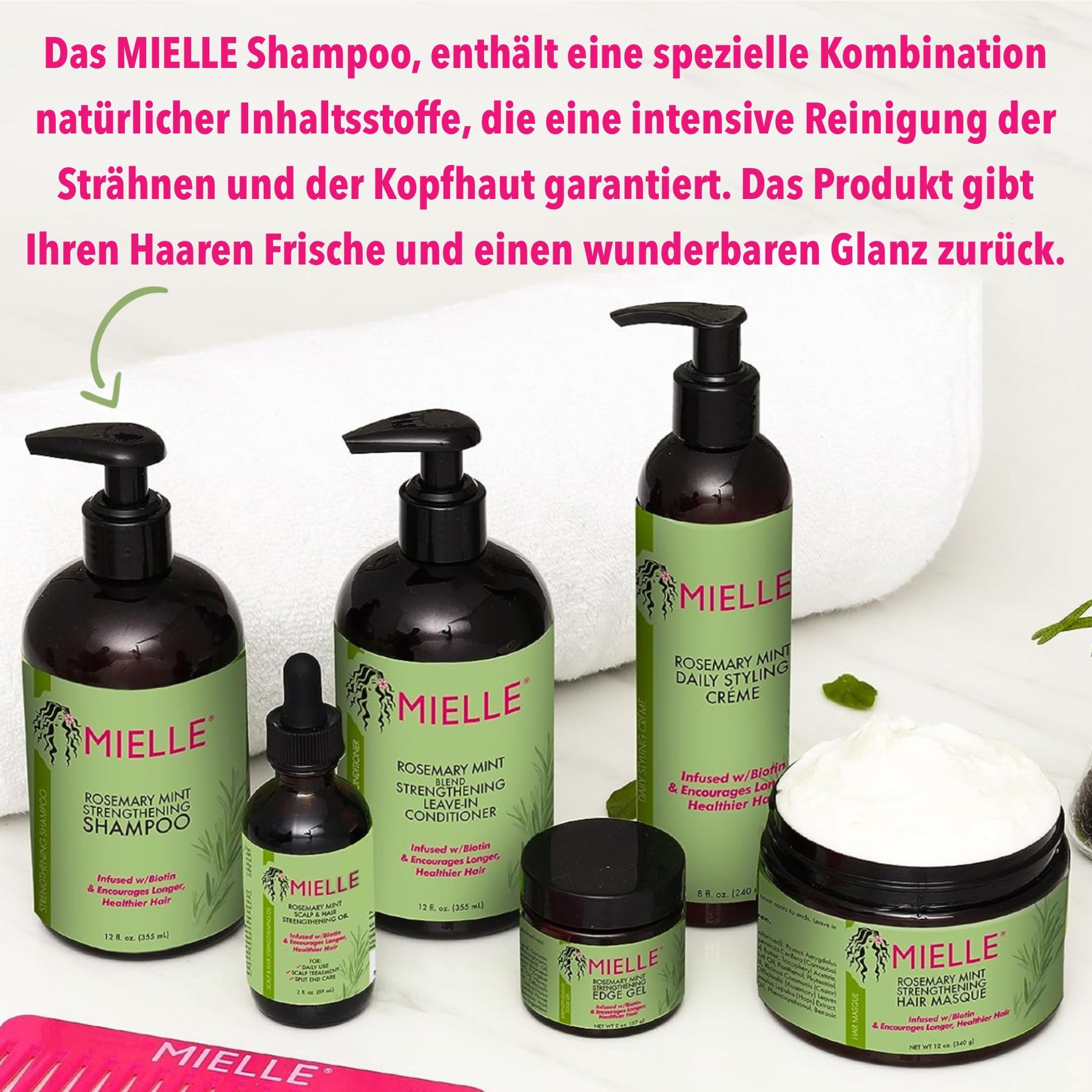 Divers produits Mielle: shampooing, revitalisant, masque capillaire, huile capillaire, gel coiffant. Tous avec bouchon pompe noir et étiquettes vertes.