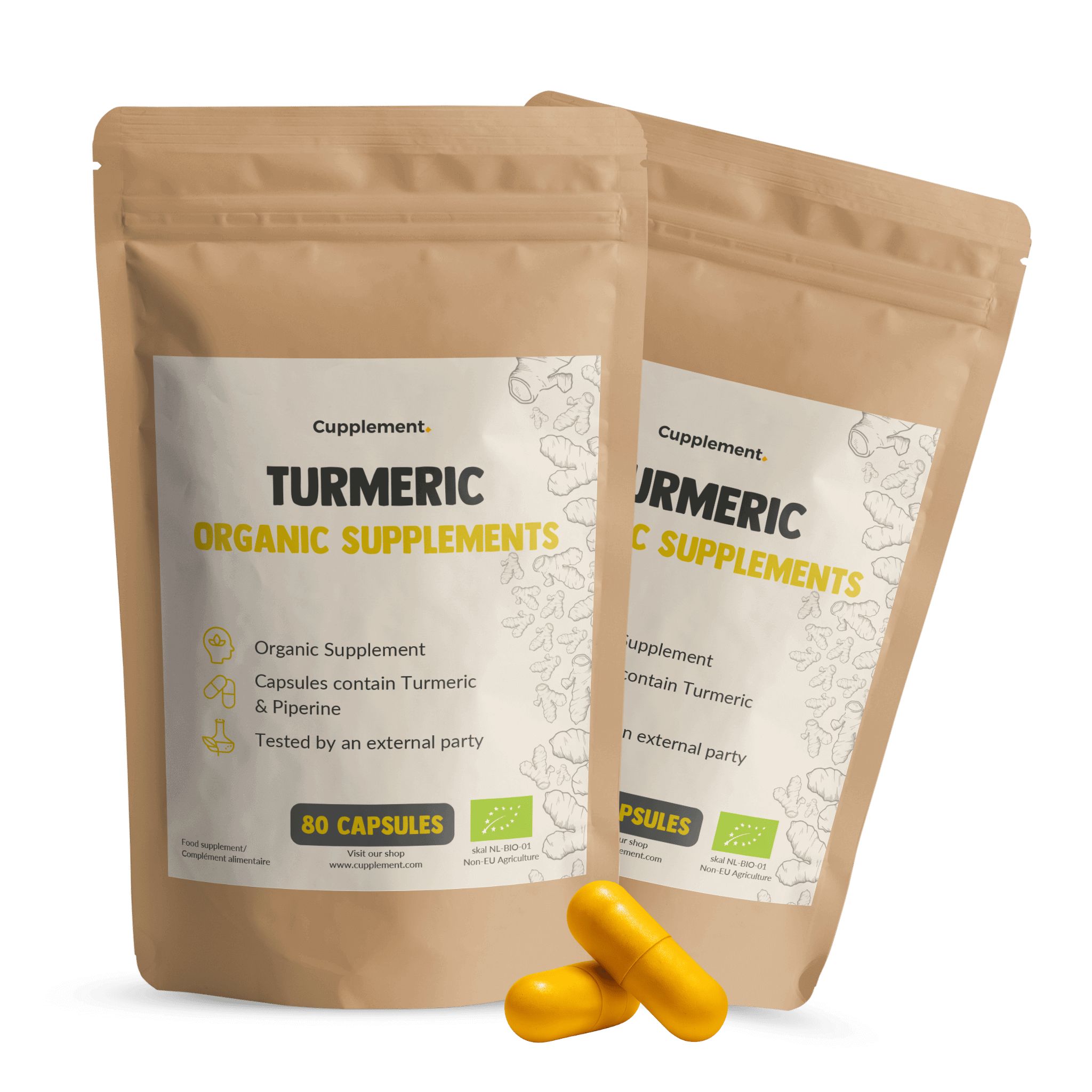 Deux sachets de gélules. Inscription : Turmeric Organic Supplements. 80 gélules. Gélules jaunes à côté.