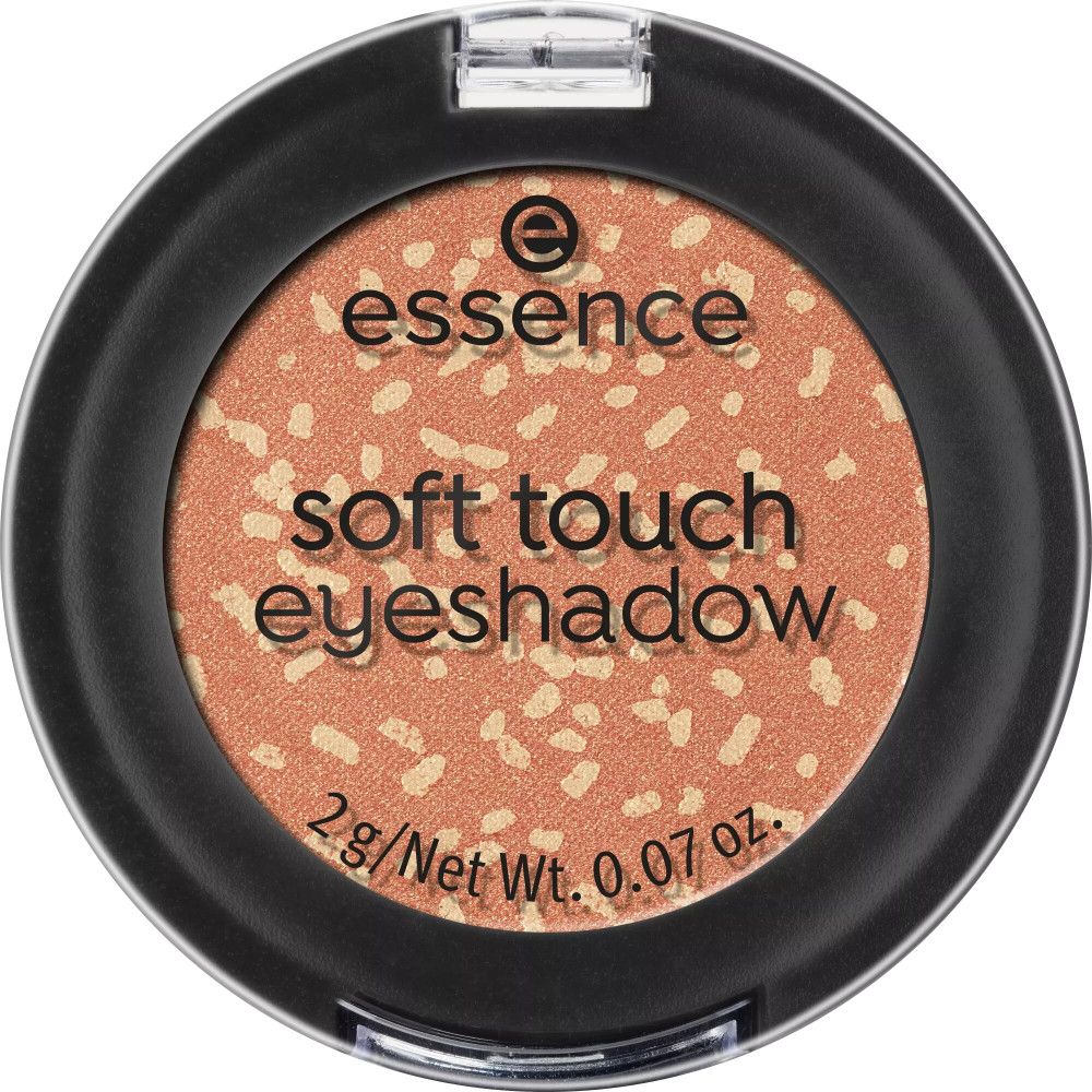 Essence Soft Touch oogschaduw in een ronde, zwarte verpakking. Oranje oogschaduw met lichte stippen. Productinformatie.
