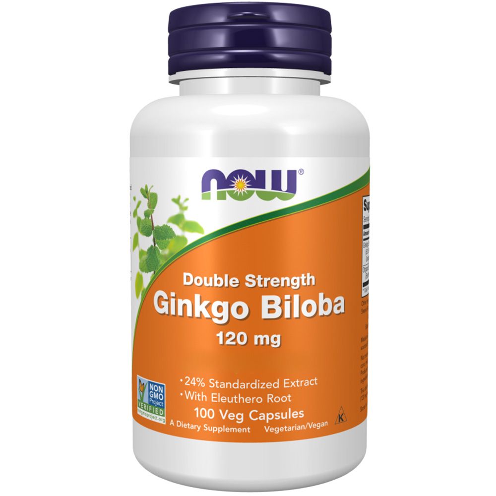 Witte fles met oranje etiket. Opschrift: Double Strength Ginkgo Biloba 120 mg, 100 Veg Capsules. Blauwe dop.