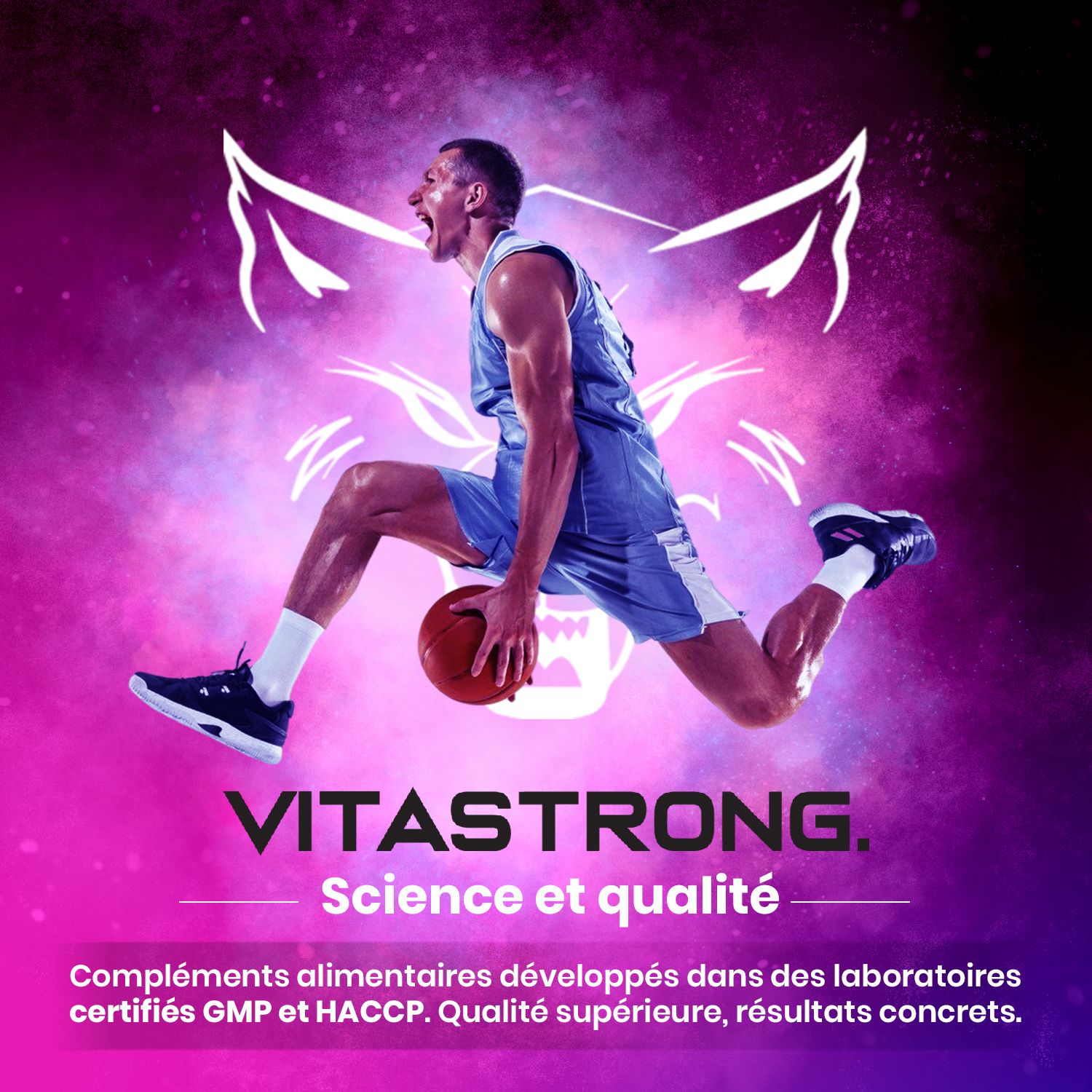 Vitastrong Energy Berries. Joueur de basket-ball, texte. Science et qualité, certifié GMP et HACCP.