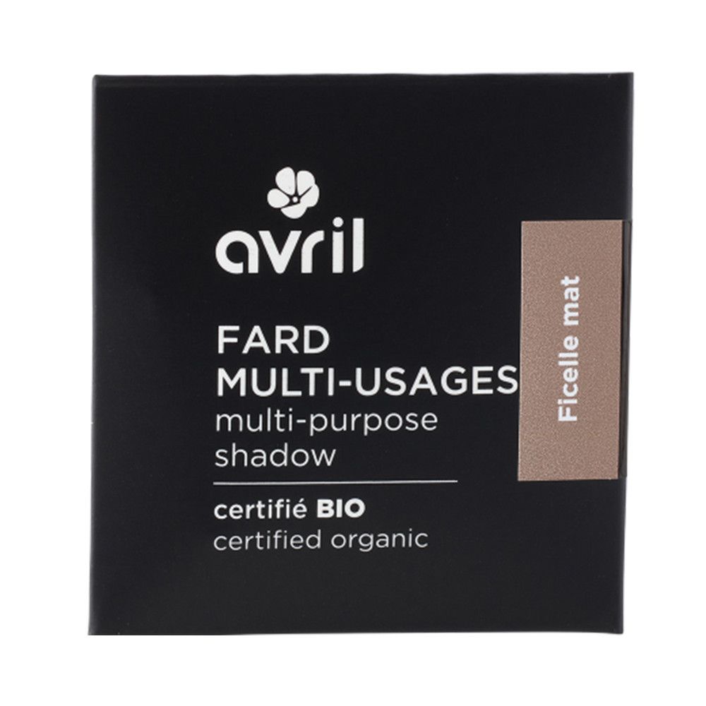 Emballage de fard à paupières noir avec logo et informations sur le produit. Bio certifié.