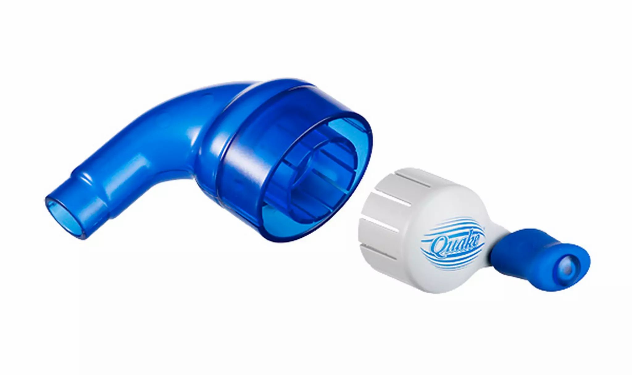Twee delen van een blauw en wit ademhalingstherapieapparaat, gescheiden.