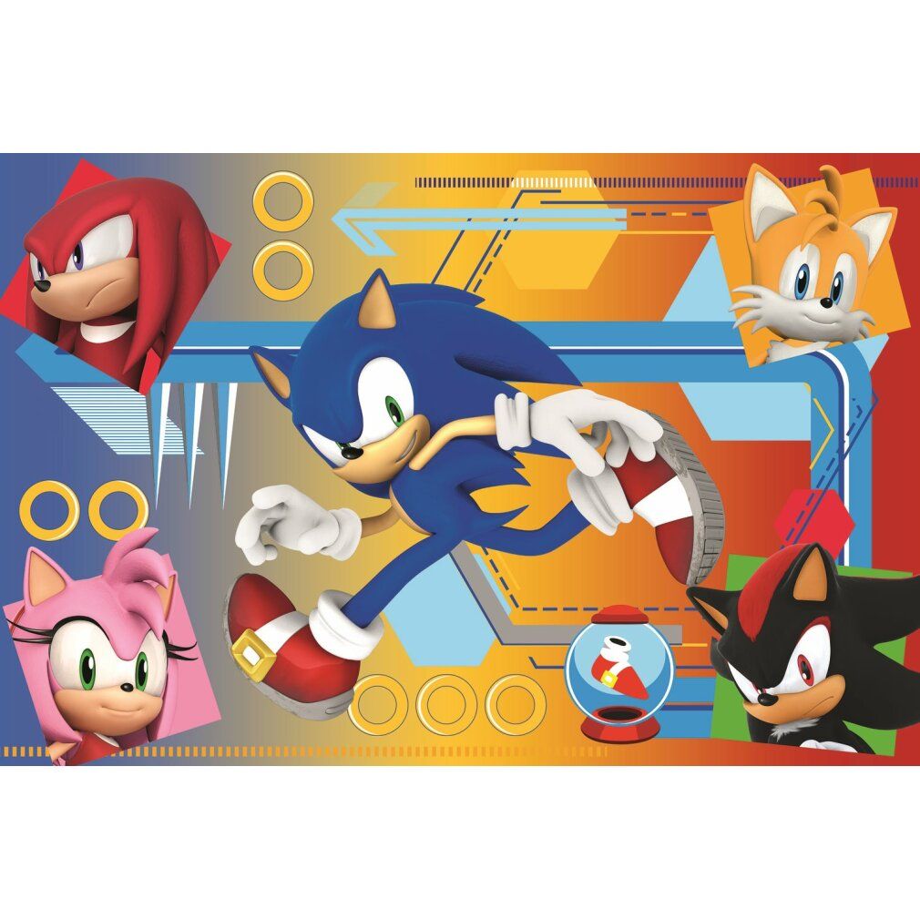Puzzle avec Sonic et amis. Knuckles, Tails, Amy et Shadow. Anneaux et flèches en arrière-plan. Couleurs : bleu, orange, rouge.