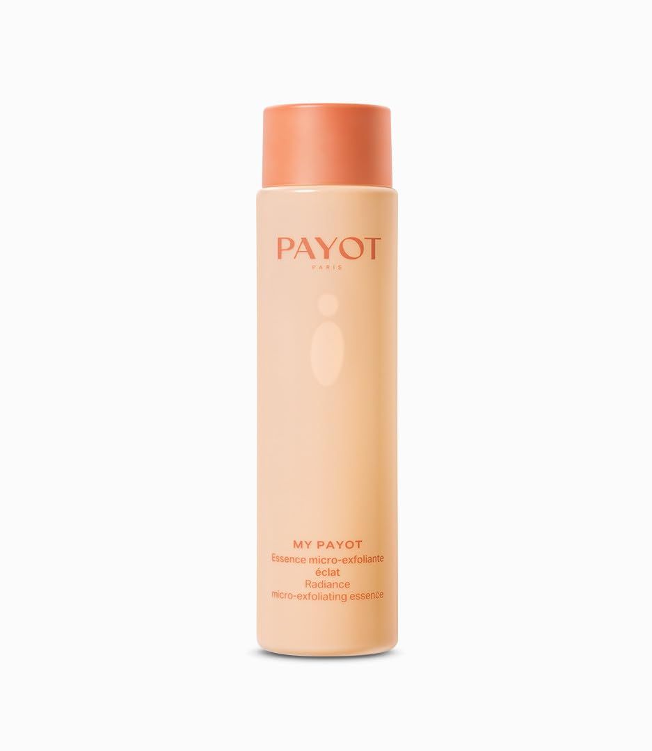 Cilindrische fles met roze dop. Opschrift PAYOT. Tekst: MY PAYOT, Essence micro-exfoliante éclat, Radiance, micro-exfoliating essence.
