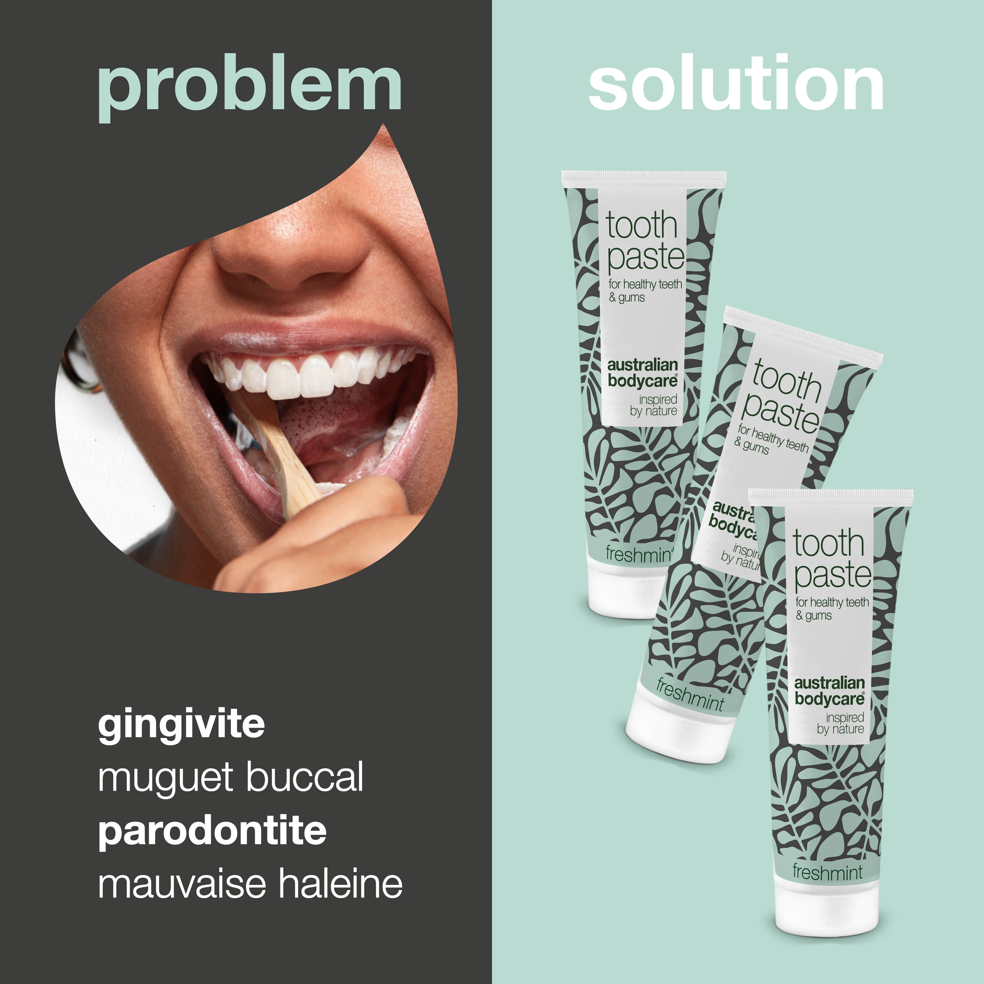 Tubes de dentifrice et personne se brossant les dents. Texte : Gingivite, muguet buccal, parodontite, mauvaise haleine.