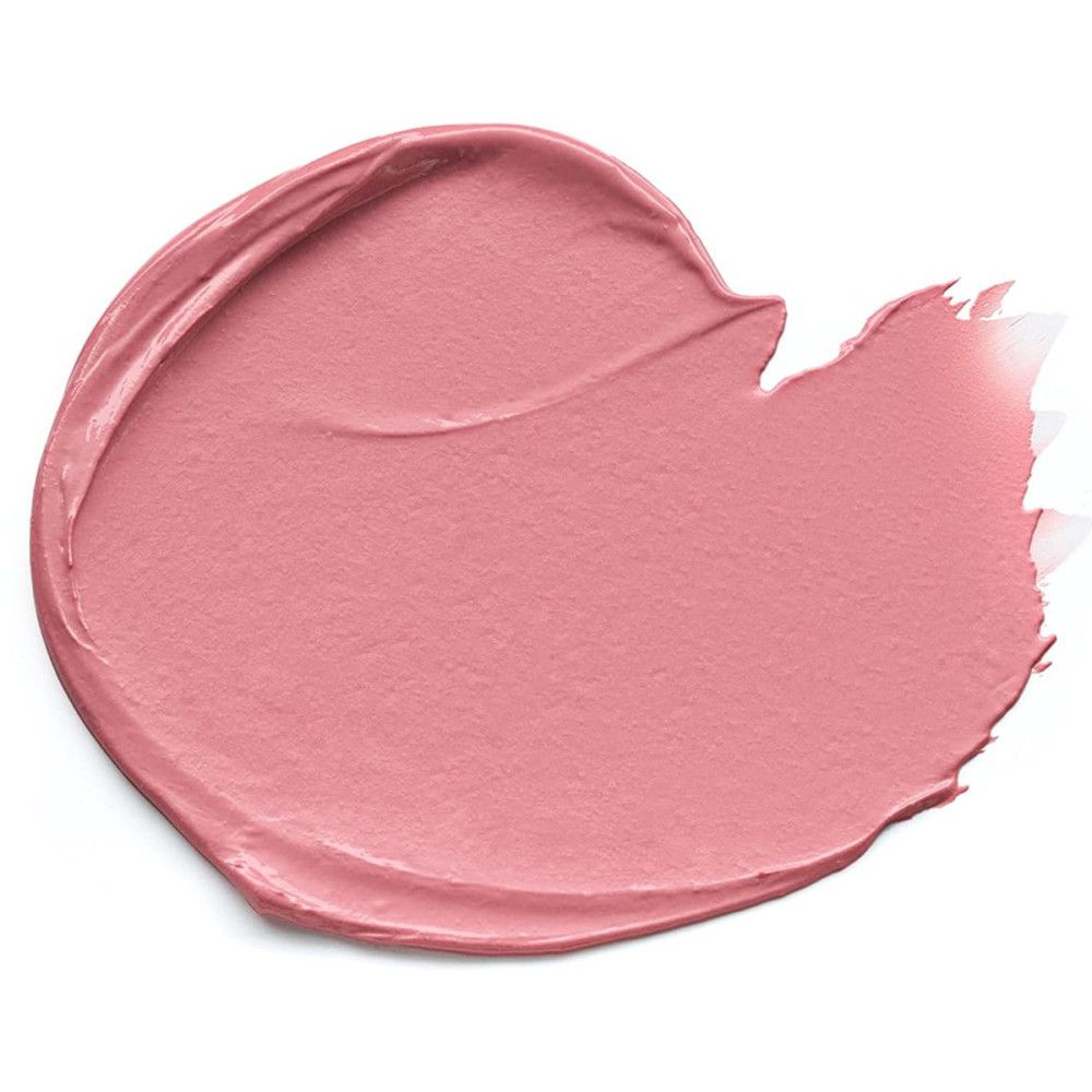 Roze blush-veeg. Textuur op witte achtergrond. Geen verpakking of productnaam zichtbaar.