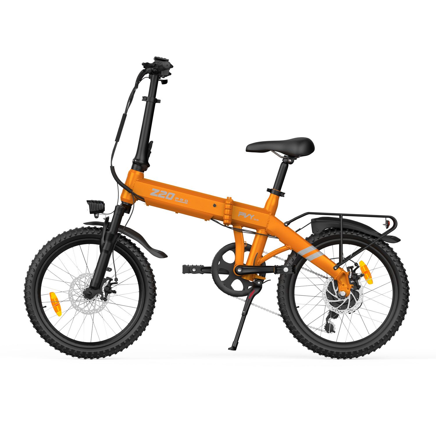 Vélo électrique pliable orange avec cadre noir, porte-bagages et phare. Inscription Z20 PRO EVO.