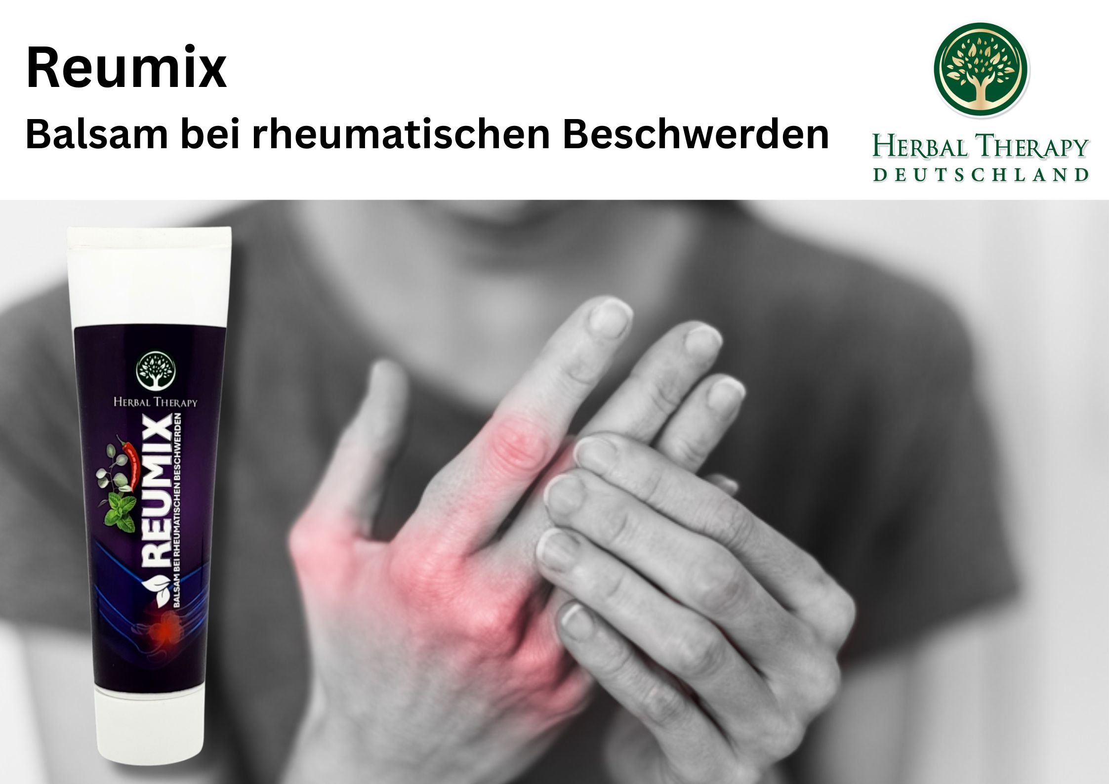 Persoon houdt hand met rode markering vast. Tube REUMIX, Herbal Therapy logo. Tekst: Balsem voor reumatische klachten.