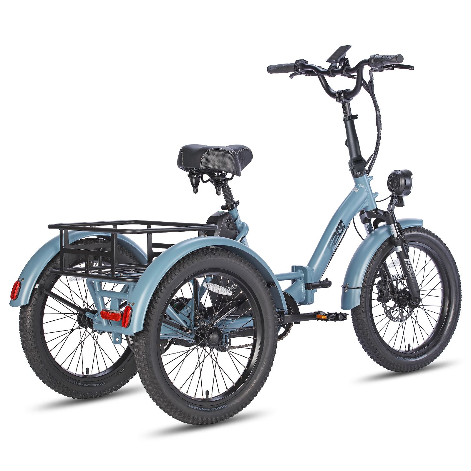 Tricycle électrique pliable Fafrees F20 Mate bleu. Pneus noirs, porte-bagages, phare. Boîtier batterie avec logo.