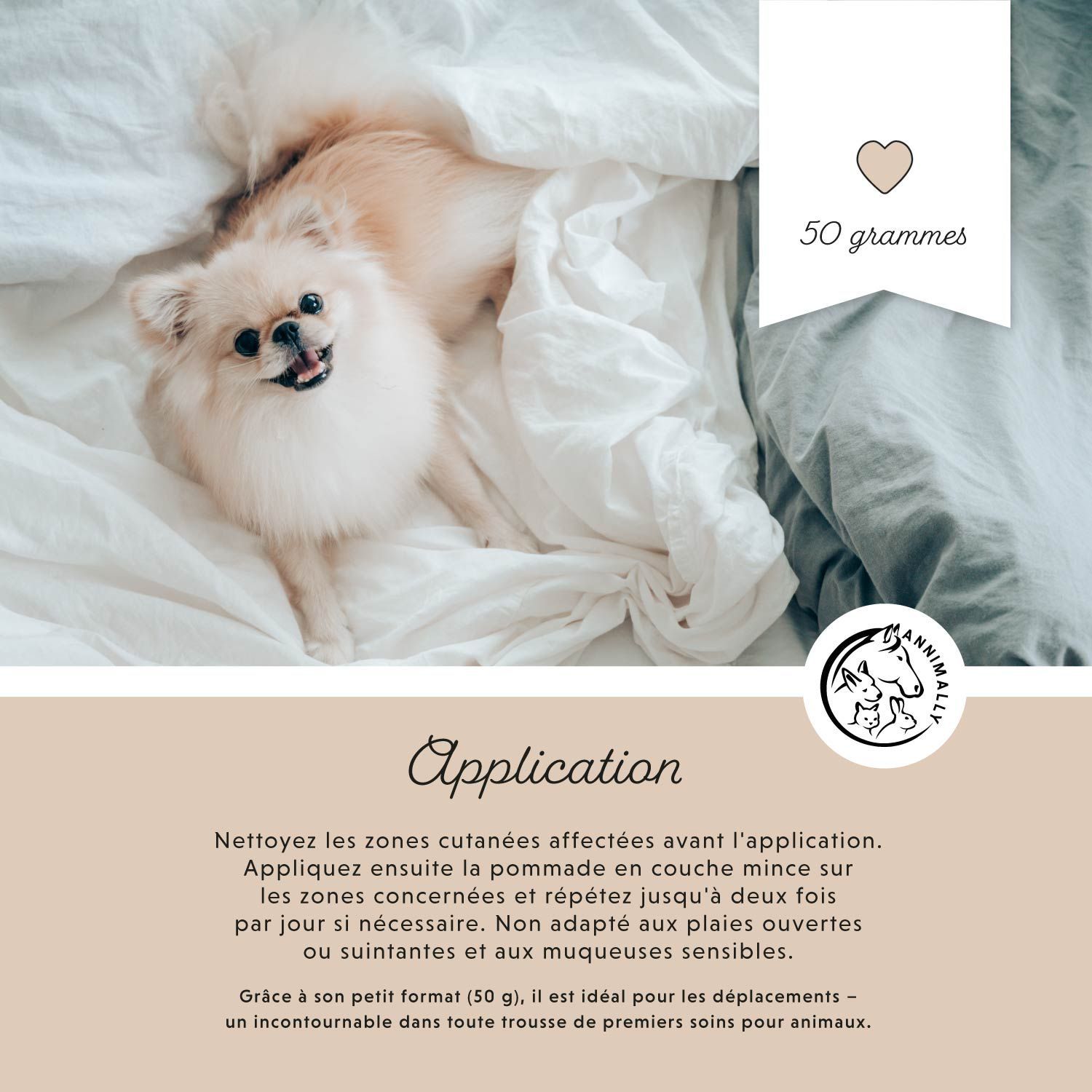 Emballage du produit avec logo et texte AUW-BALSEM Plus. Contient 50g. Avec chien.