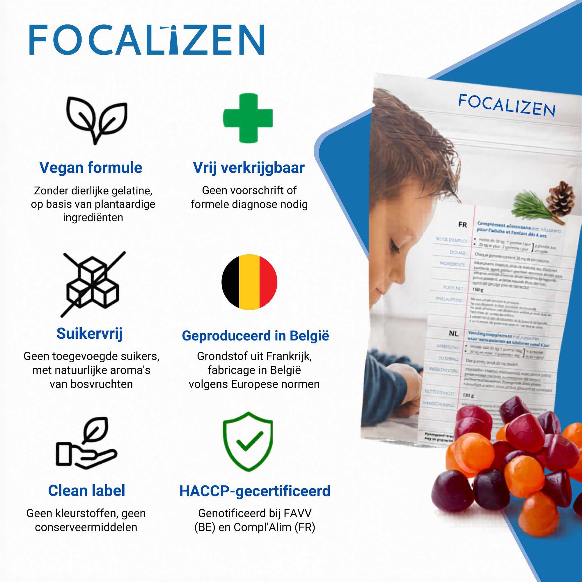 FOCALiZEN-zakje met iconen: Vegan, suikervrij, Clean Label, Geproduceerd in België.