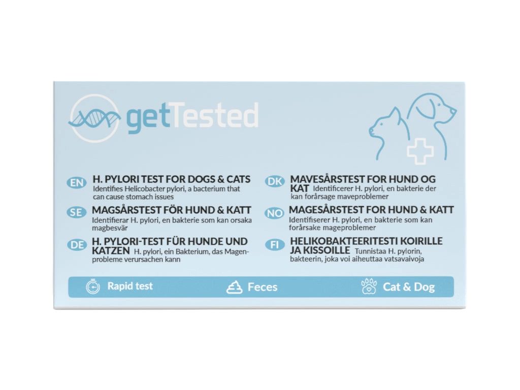 Test GetTested H. pylori pour chiens et chats. Informations multilingues. Symboles : test rapide, matières fécales, chat/chien.