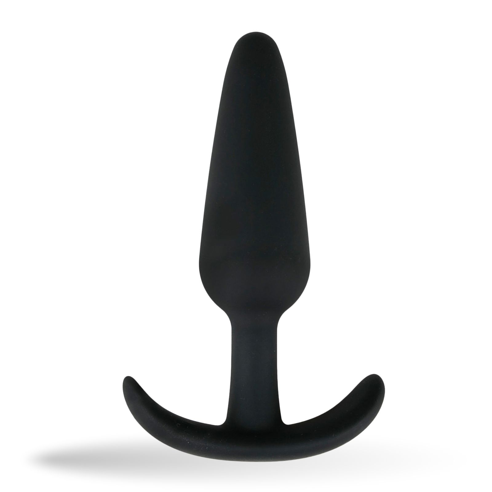 Plug anal noir en silicone avec poignée. Corps conique, poignée en T.
