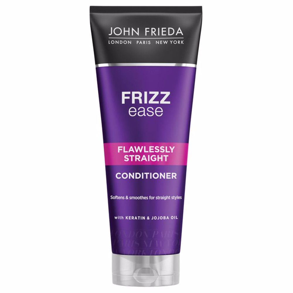 Tube de revitalisant John Frieda Frizz Ease Flawlessly Straight. Violet, rose et blanc. Avec kératine et huile de jojoba.