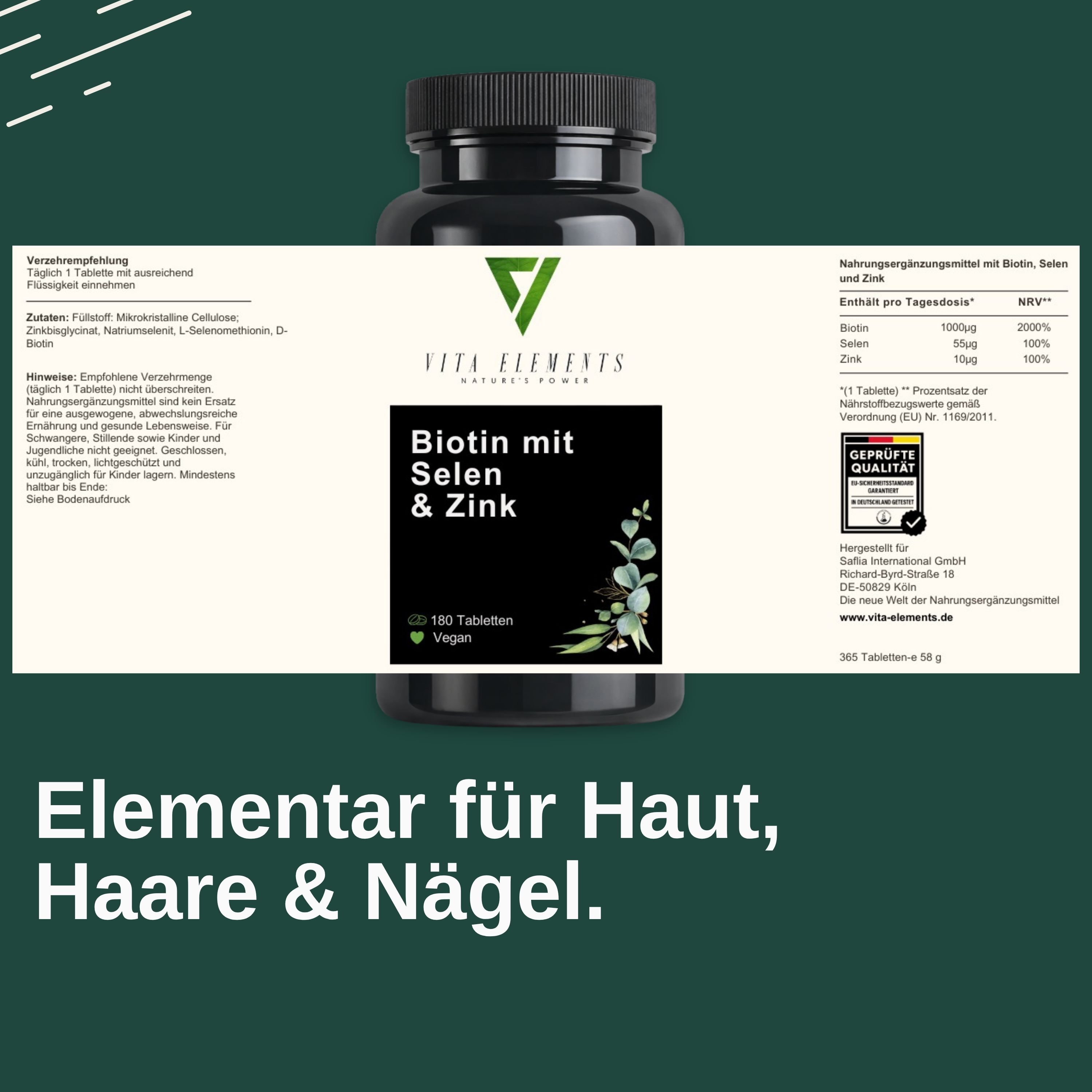 Flacon noir Vita Elements Biotine avec Sélénium & Zinc. 180 comprimés, végétalien. Texte : Essentiel pour la peau, les cheveux et les ongles. Certification.