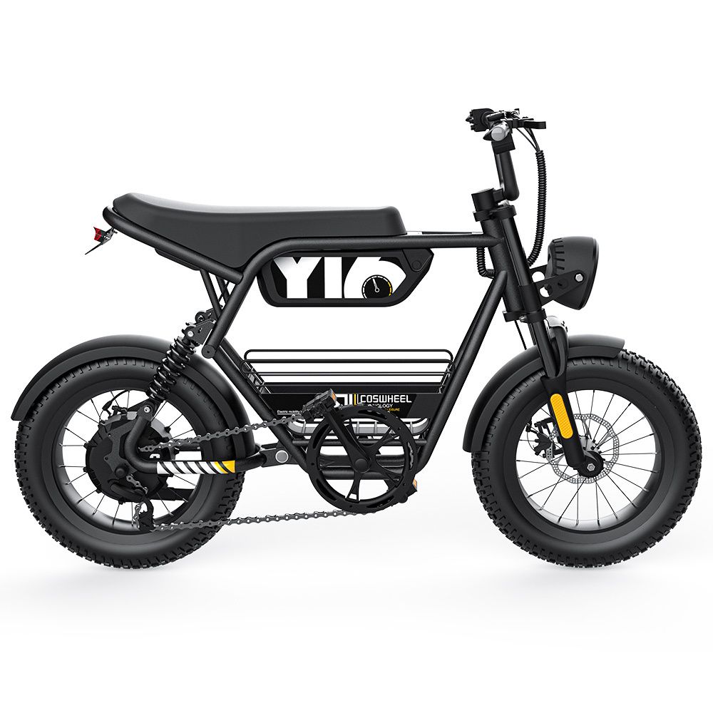 Zwarte elektrische fiets met ronde koplampen, brede banden en bagagerek. COSWHEEL-logo zichtbaar.