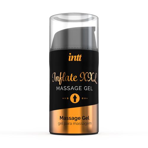 Zwarte fles met "INTT Inflate XXL Massage Gel" label. Gouden accenten. Transparante dop. Productnaam en logo duidelijk zichtbaar.