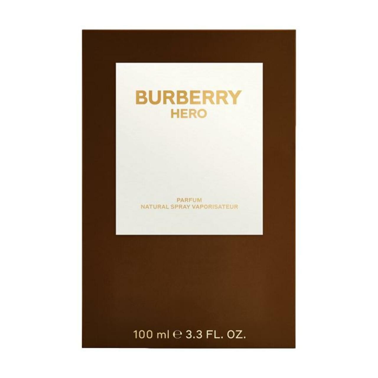 Bruine verpakking met wit kader en gouden tekst. Tekst: BURBERRY HERO, Parfum, 100 ml.